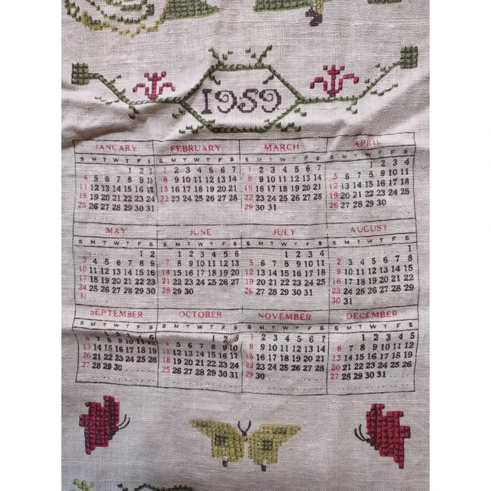 Vintage 1959 Stevens Linen Calendar Tea Towel Colonial Mid Century Americana